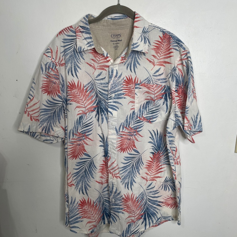 Chaps Seacoast Wash Mens XL Tropical Palm Leaf Cotton Linen Button Down Shirt